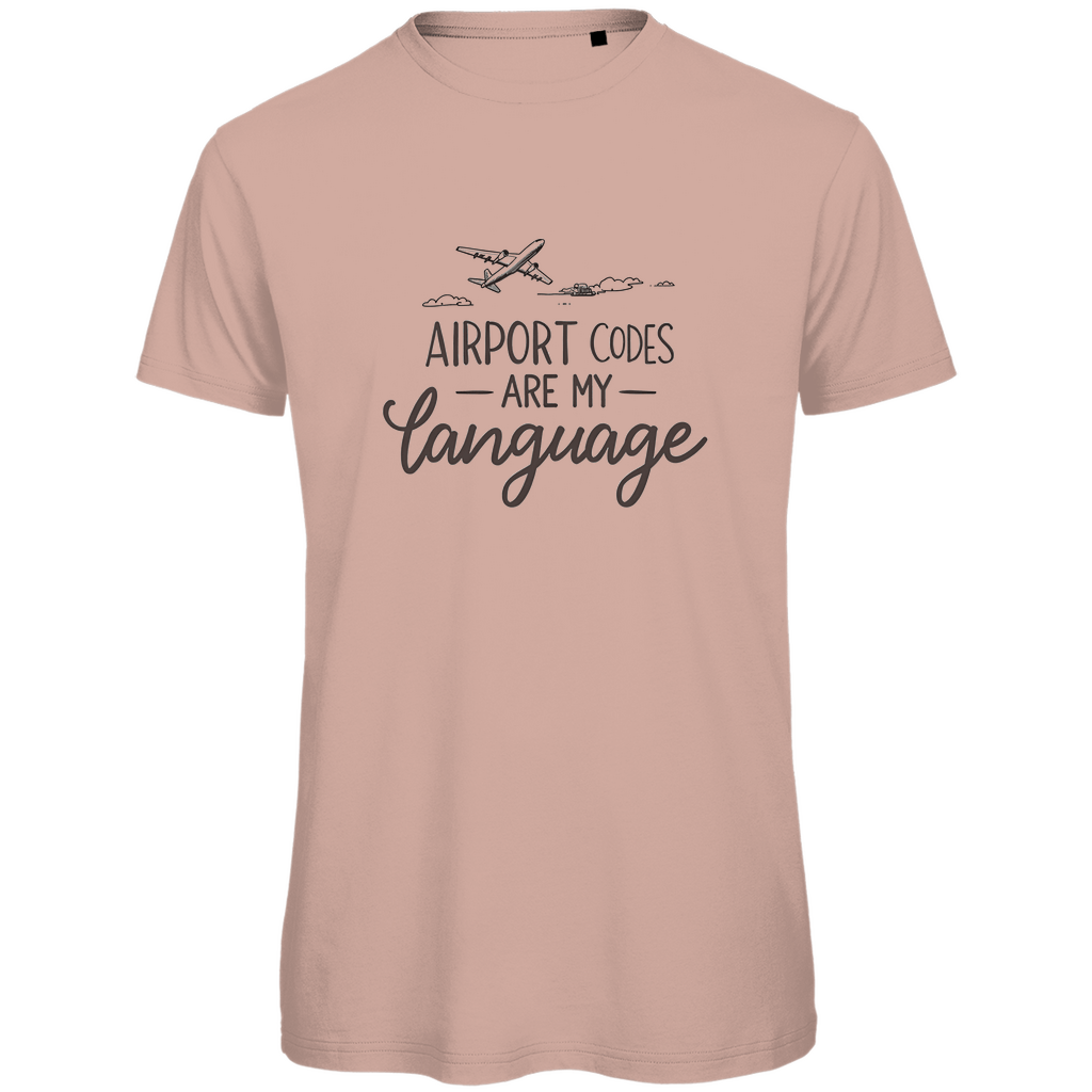TShirt für Herren mit AIRPORT CODES ARE MY LANGUAGE Print. Stoff-Farbe: Millennial Pink. Fernweh zum Anziehen? travelPrint4U