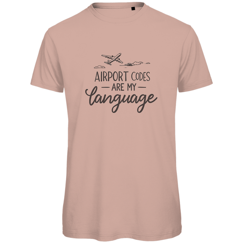 TShirt für Herren mit AIRPORT CODES ARE MY LANGUAGE Print. Stoff-Farbe: Millennial Pink. Fernweh zum Anziehen? travelPrint4U