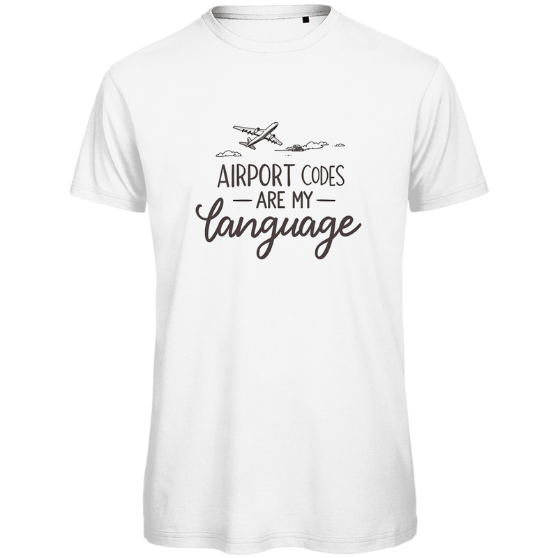 TShirt für Herren mit AIRPORT CODES ARE MY LANGUAGE Print. Stoff-Farbe: White. Fernweh zum Anziehen? travelPrint4U.de