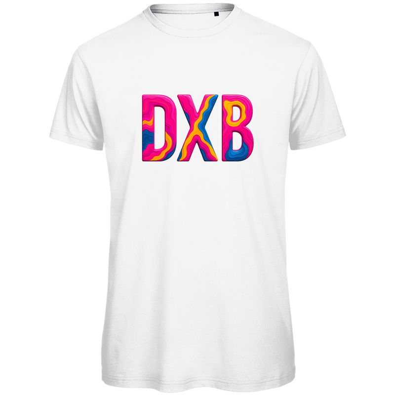 TShirt für Herren mit buntem DXB Print für Airport DUBAI. Stoff-Farbe: White. Fernweh zum Anziehen? travelPrint4U.de