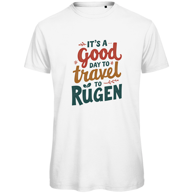 TShirt für Herren mit buntem A GOOD DAY TO TRAVEL TO RÜGEN Aufdruck. Stoff-Farbe: White. Fernweh zum Anziehen? travelPrint4U