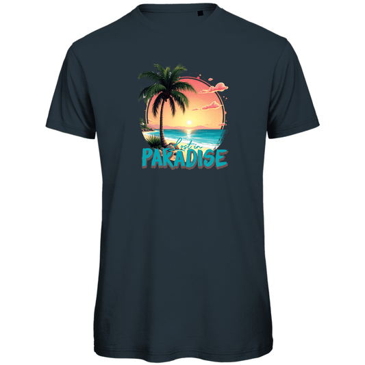 TShirt für Herren mit buntem LOST IN PARADISE Print. Stoff-Farbe: Dark Grey Solid. Fernweh zum Anziehen? travelPrint4U.de