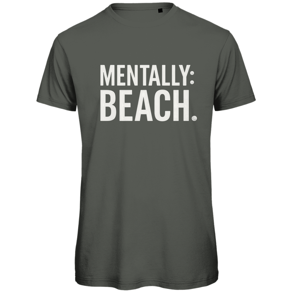 TShirt für Herren mit MENTALLY BEACH Print in White. Stoff-Farbe: Millennial Khaki. Fernweh zum Anfassen? travelPrint4U.de