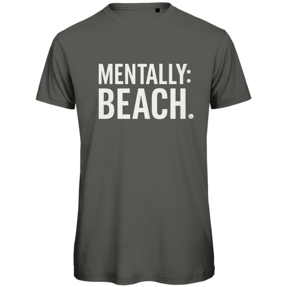 TShirt für Herren mit MENTALLY BEACH Print in White. Stoff-Farbe: Millennial Khaki. Fernweh zum Anfassen? travelPrint4U.de