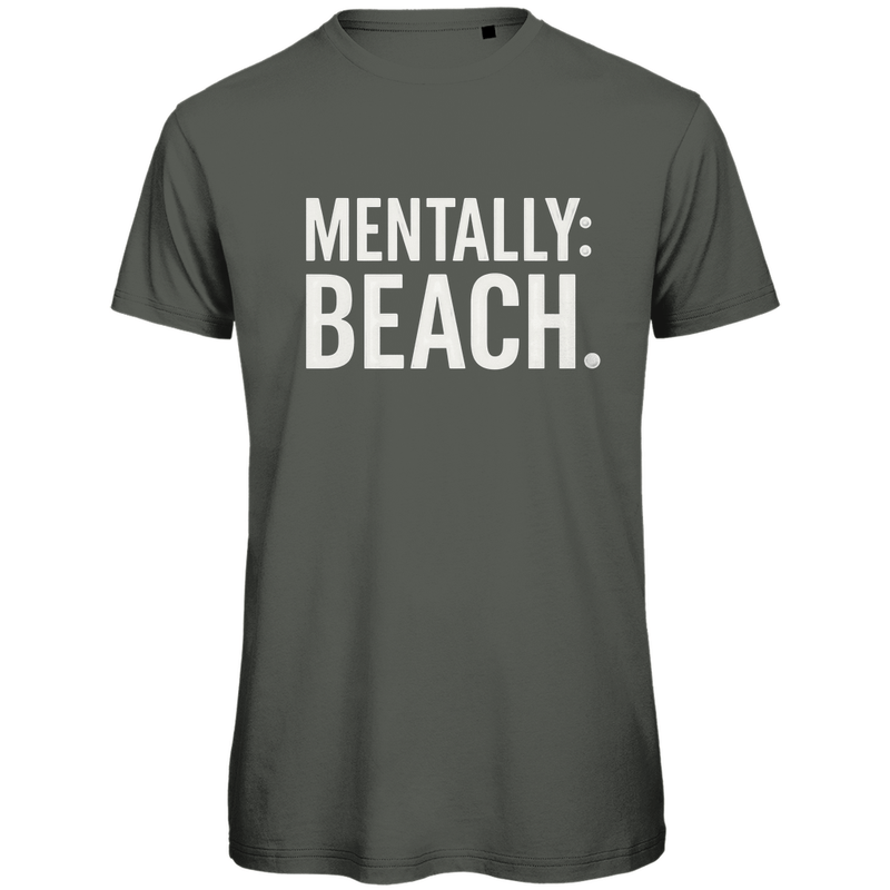 TShirt für Herren mit MENTALLY BEACH Print in White. Stoff-Farbe: Millennial Khaki. Fernweh zum Anfassen? travelPrint4U.de