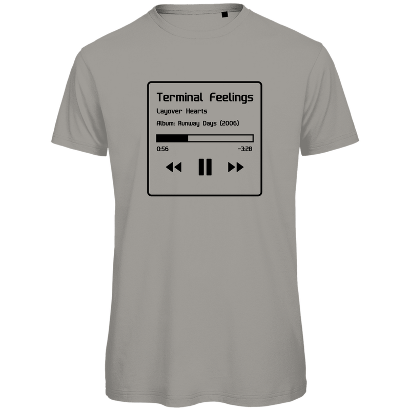 TShirt für Herren TERMINAL FEELINGS in Now Playing-Grafik (Black). Stoff-Farbe: Grey. Fernweh zum Anziehen? travelPrint4U.de