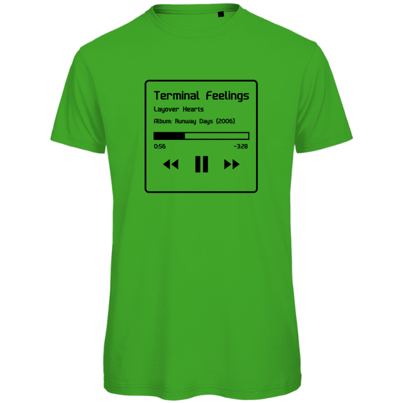 TShirt für Herren TERMINAL FEELINGS in Now Playing-Grafik (Black). Stoff-Farbe: Real Green. Fernweh zum Anziehen? travelPrint4U