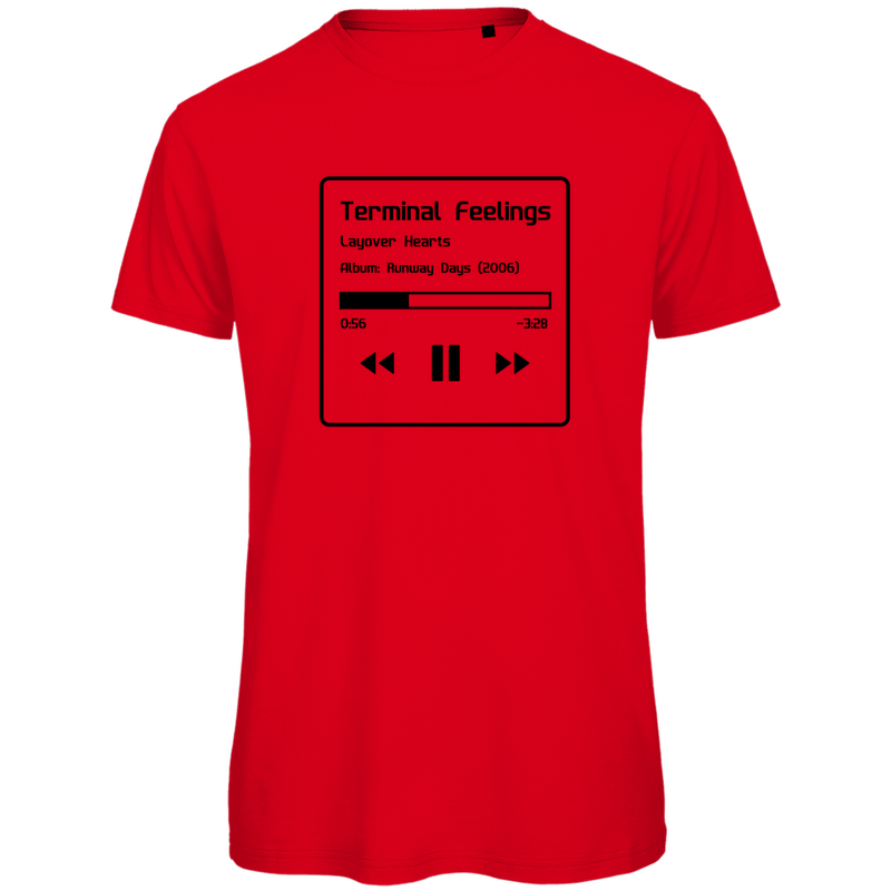 TShirt für Herren TERMINAL FEELINGS in Now Playing-Grafik (Black). Stoff-Farbe: Red. Fernweh zum Anziehen? travelPrint4U.de