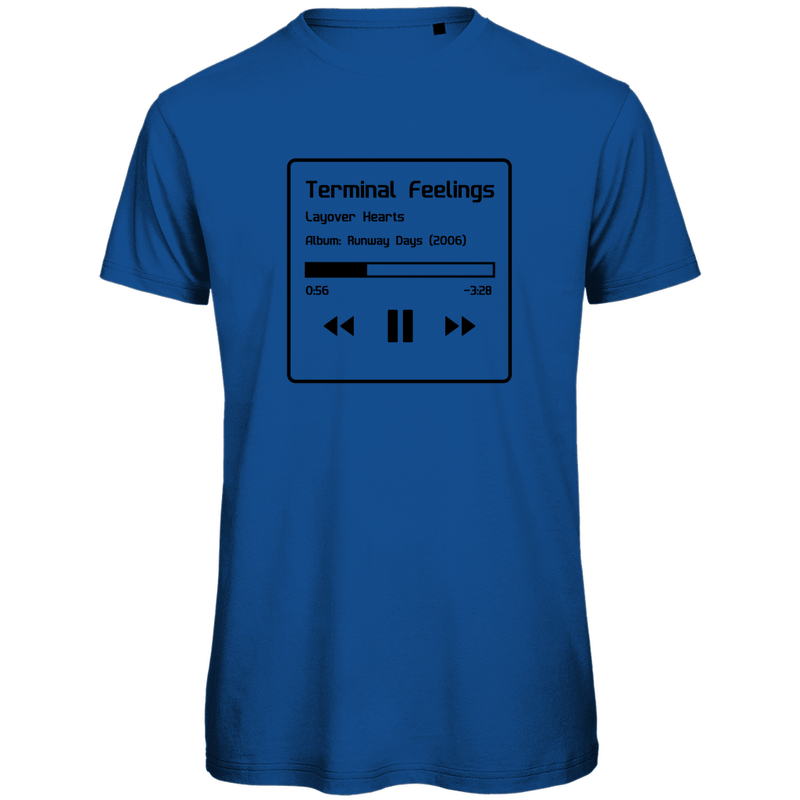 TShirt für Herren TERMINAL FEELINGS in Now Playing-Grafik (Black). Stoff-Farbe: Royal Blue. Fernweh zum Anziehen? travelPrint4U