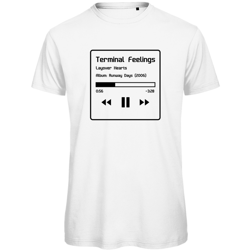 TShirt für Herren TERMINAL FEELINGS in Now Playing-Grafik (Black). Stoff-Farbe: White. Fernweh zum Anziehen? travelPrint4U.de