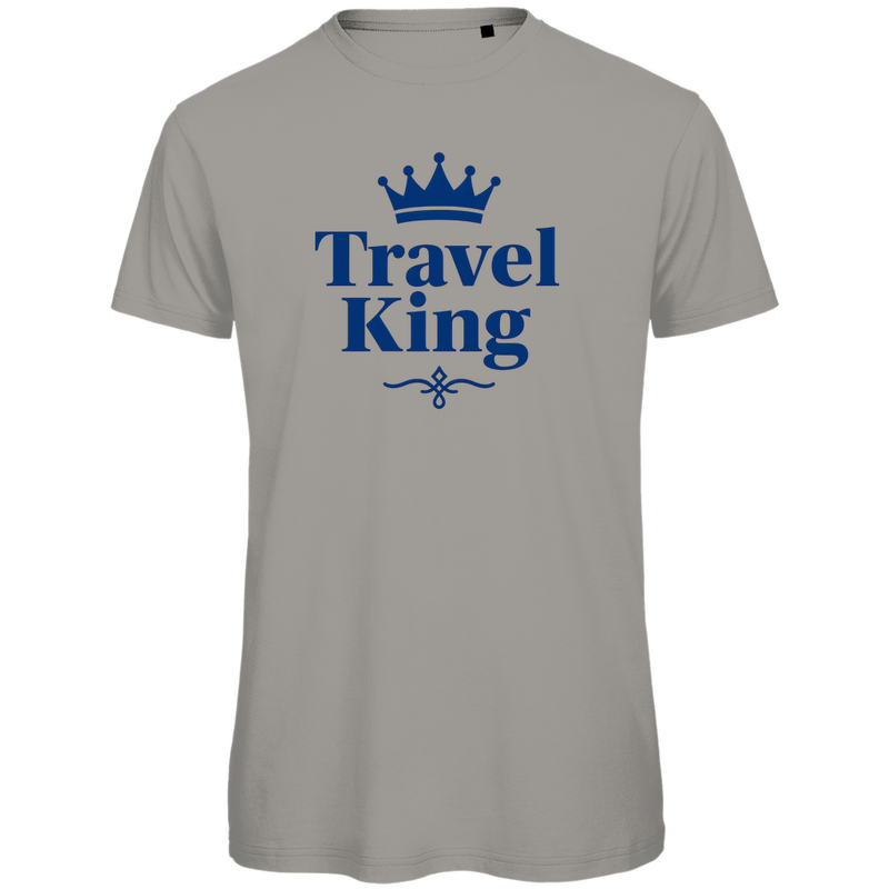 TShirt für Herren mit TRAVEL KING Aufdruck in blau. Stoff-Farbe: Light Grey. Fernweh zum Anziehen? travelPrint4U.de