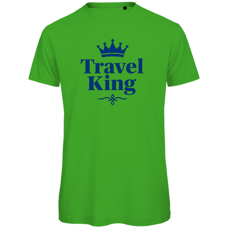 TShirt für Herren mit TRAVEL KING Aufdruck in blau. Stoff-Farbe: Real Green. Fernweh zum Anziehen? travelPrint4U.de