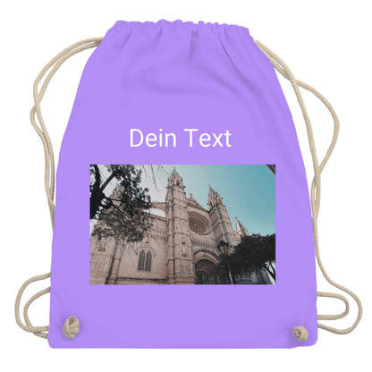 Turnbeutel personalisierbar mit Deinem Foto und kurzem Text. Grundfarbe: Lavendel. Fernweh zum Anfassen? travelPrint4U.de