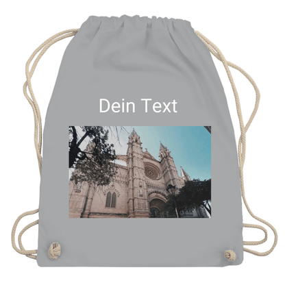 Turnbeutel personalisierbar mit Deinem Foto und kurzem Text. Grundfarbe: Grau. Fernweh zum Anfassen? travelPrint4U.de