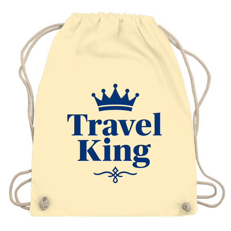 Turnbeutel mit TRAVEL KING Aufdruck in blau. Stoff-Farbe: Natural. Fernweh zum Anfassen? travelPrint4U.de