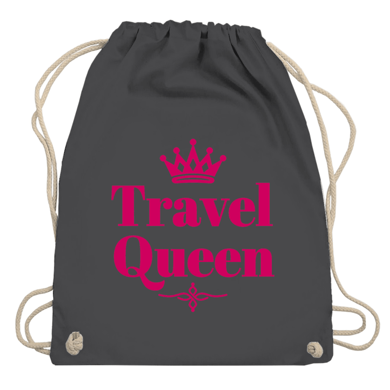 Turnbeutel mit TRAVEL QUEEN Aufdruck in pink. Stoff-Farbe: Graphite Grey. Fernweh zum Anfassen? travelPrint4U.de