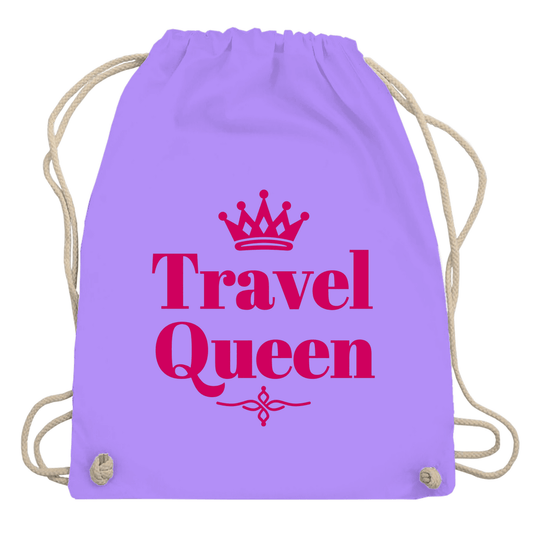 Turnbeutel mit TRAVEL QUEEN Aufdruck in pink. Stoff-Farbe: Lavander. Fernweh zum Anfassen? travelPrint4U.de