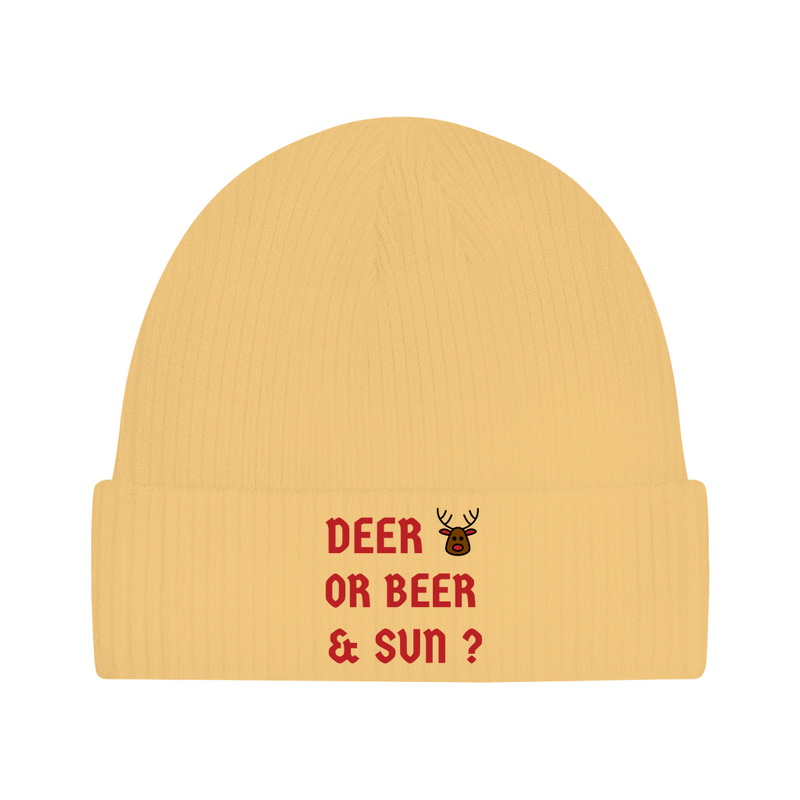 Ugly Weihnachtsmütze für Herren in Sand mit dem Print: Deer or Beer & Sun. Fernweh zum Anziehen von travelPrint4U.de