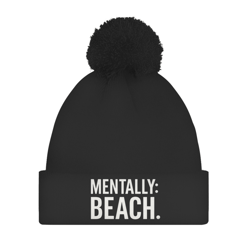 Damen Wintermütze mit Bommel in schwarz und mit Print MENTALLY BEACH. Fernweh zum Anziehen von travelprint4U.de