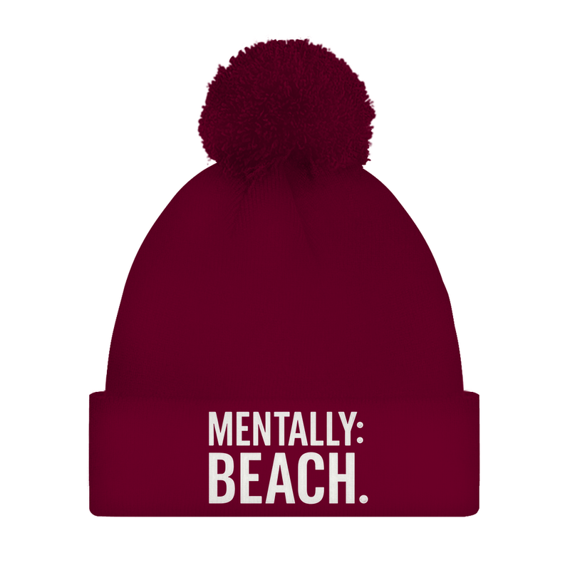 Damen Wintermütze mit Bommel in rot und mit Print MENTALLY BEACH. Fernweh zum Anziehen von travelprint4U.de