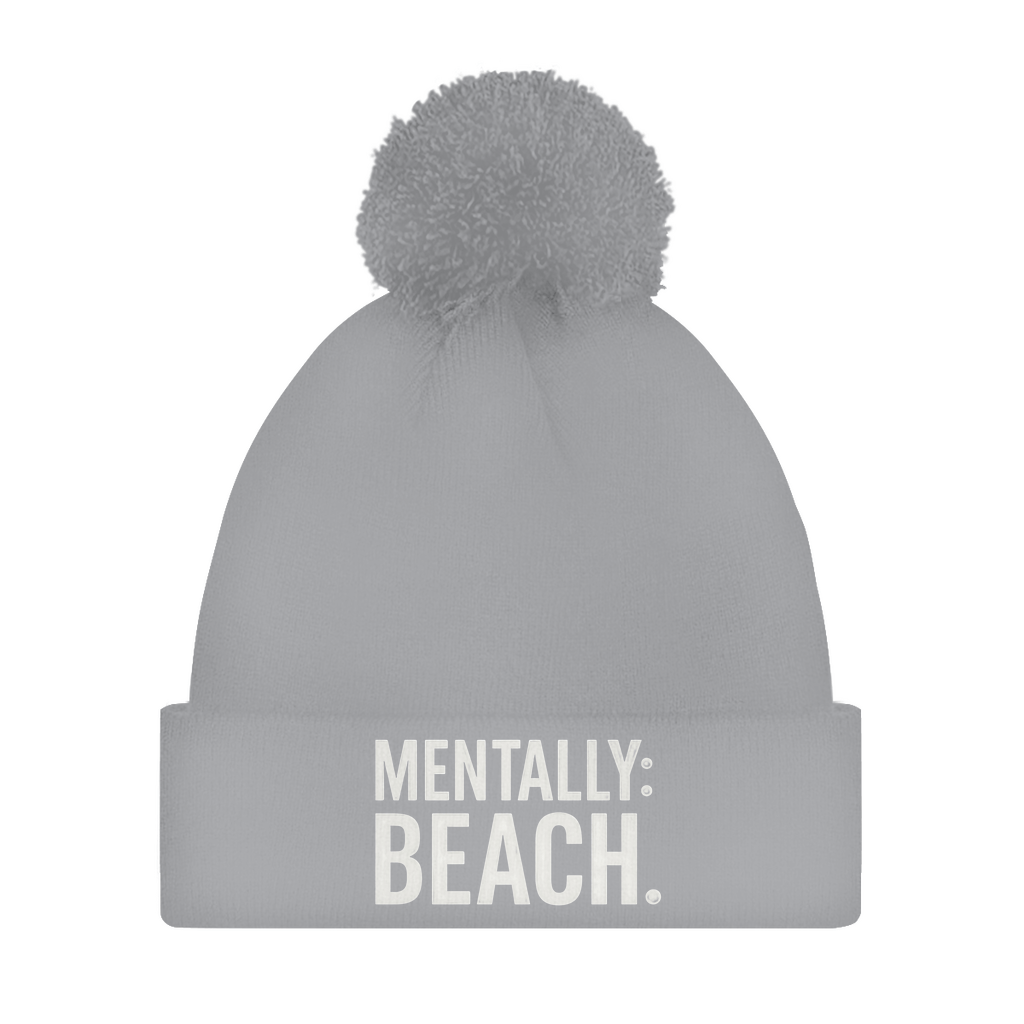 Damen Wintermütze mit Bommel in grau und mit Print MENTALLY BEACH. Fernweh zum Anziehen von travelprint4U.de