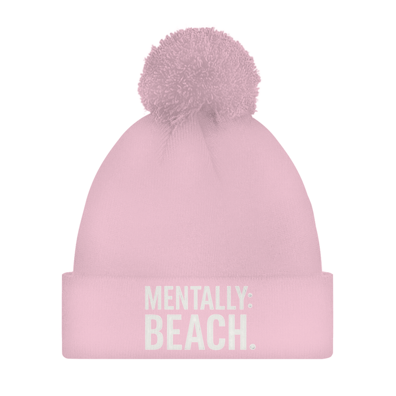 Damen Wintermütze mit Bommel in rosa und mit Print MENTALLY BEACH. Fernweh zum Anziehen von travelprint4U.de