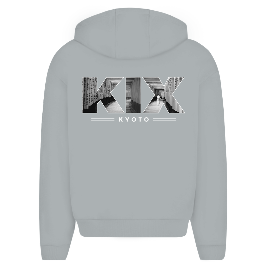 Zip Hoodie für Herren in Light Asphalt + KIX Airport Code Kyoto. 2seitiges Design. Fernweh zum Anziehen? travelPrint4U