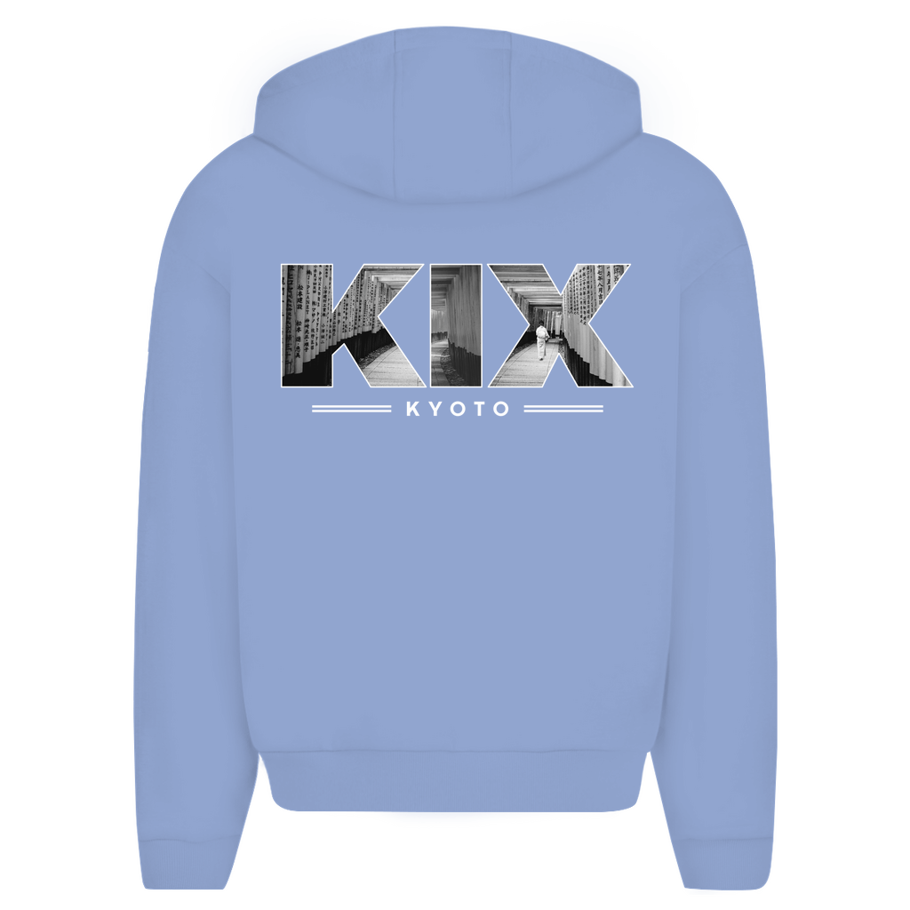 Zip Hoodie für Herren in Powder Blue + KIX Airport Code Kyoto. 2seitiges Design. Fernweh zum Anziehen? travelPrint4U