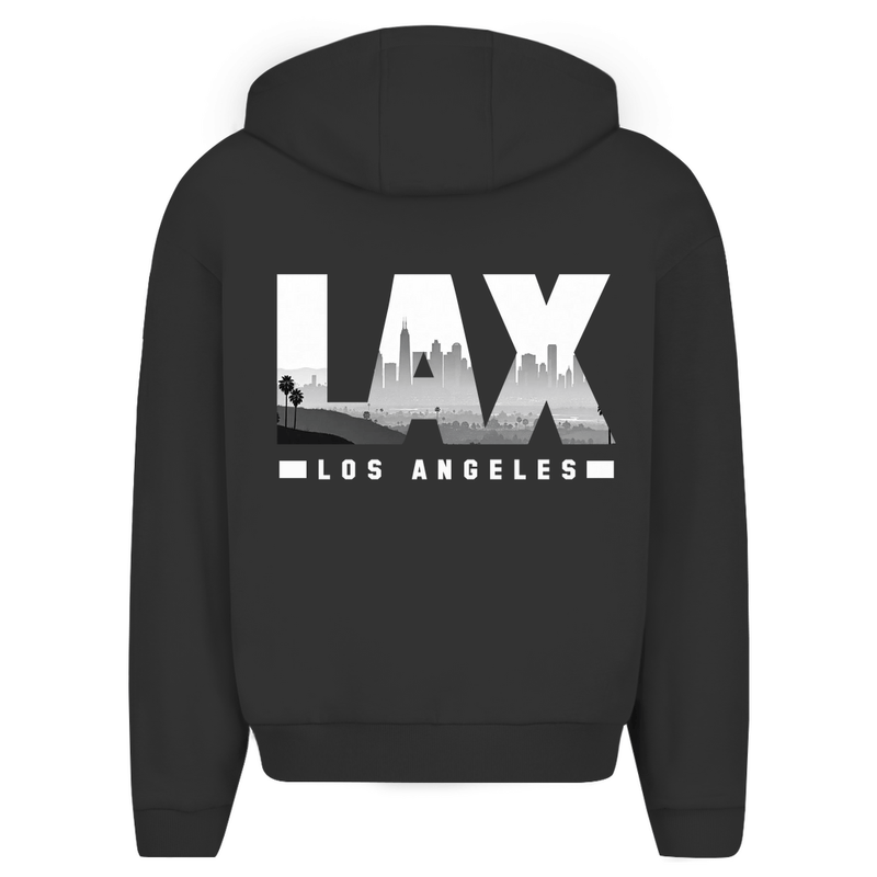 Zip Hoodie für Herren in Black + LAX Airport Code Los Angeles. 2seitiges Design. Fernweh zum Anziehen? travelPrint4U.de