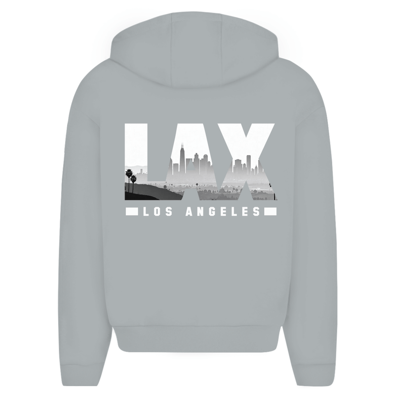 Zip Hoodie für Herren in Light Asphalt + LAX Airport Code Los Angeles. 2seitiges Design. Fernweh zum Anziehen? travelPrint4U