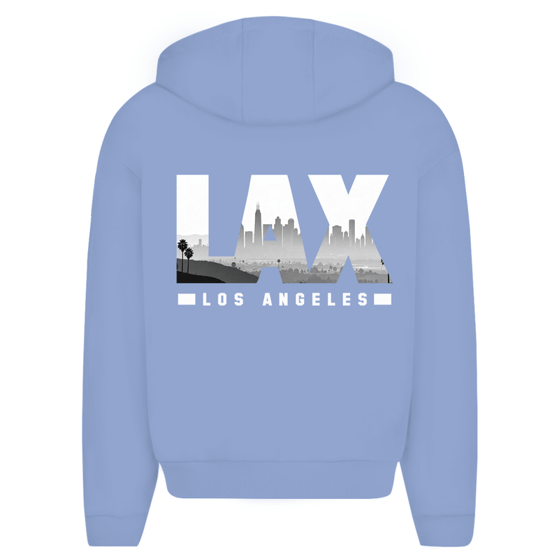 Zip Hoodie für Herren in Powder Blue + LAX Airport Code Los Angeles. 2seitiges Design. Fernweh zum Anziehen? travelPrint4U