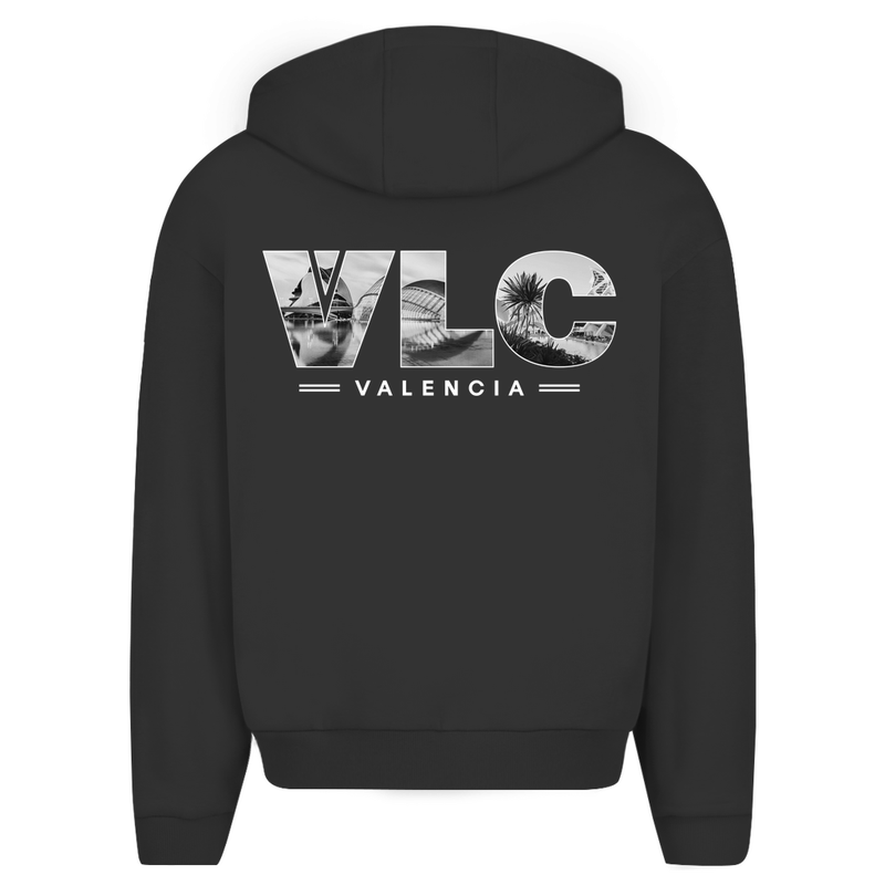 Zip Hoodie für Herren in Schwarz + VLC Airport Code Valencia. 2seitiges Design. Fernweh zum Anziehen? travelPrint4U