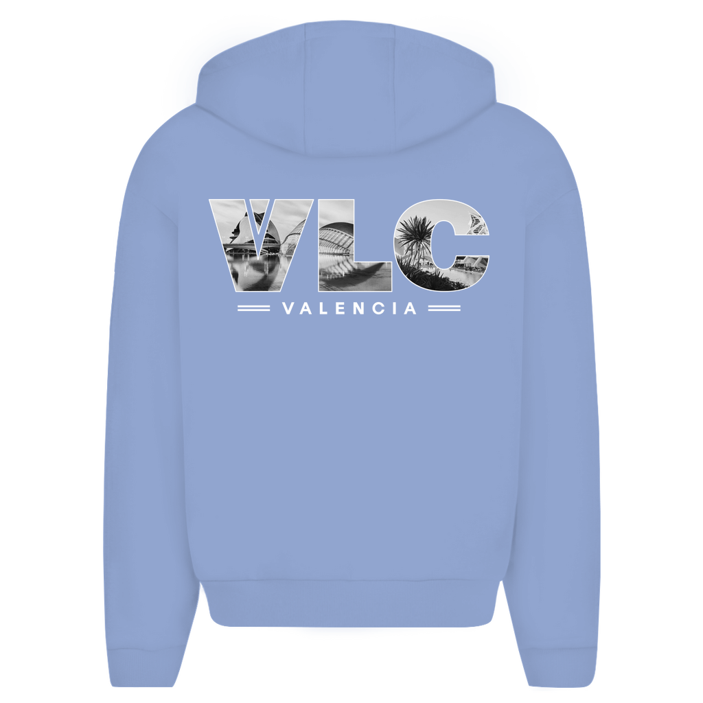 Zip Hoodie für Herren in Powder Blue + VLC Airport Code Valencia. 2seitiges Design. Fernweh zum Anziehen? travelPrint4U